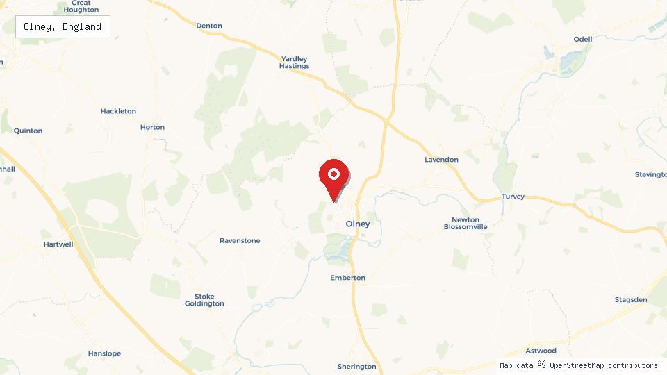 Street map of Olney, England with location pin