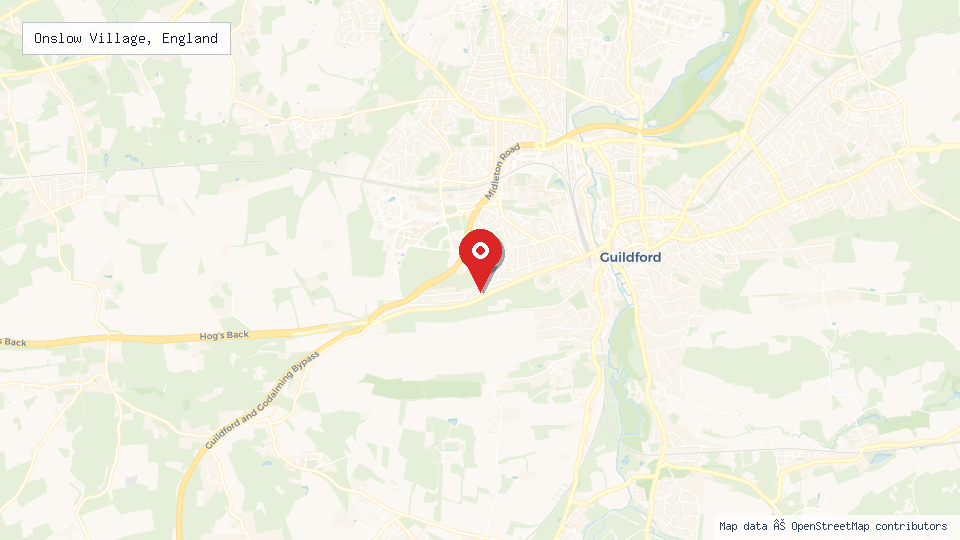 Street map of Onslow Village, England with location pin