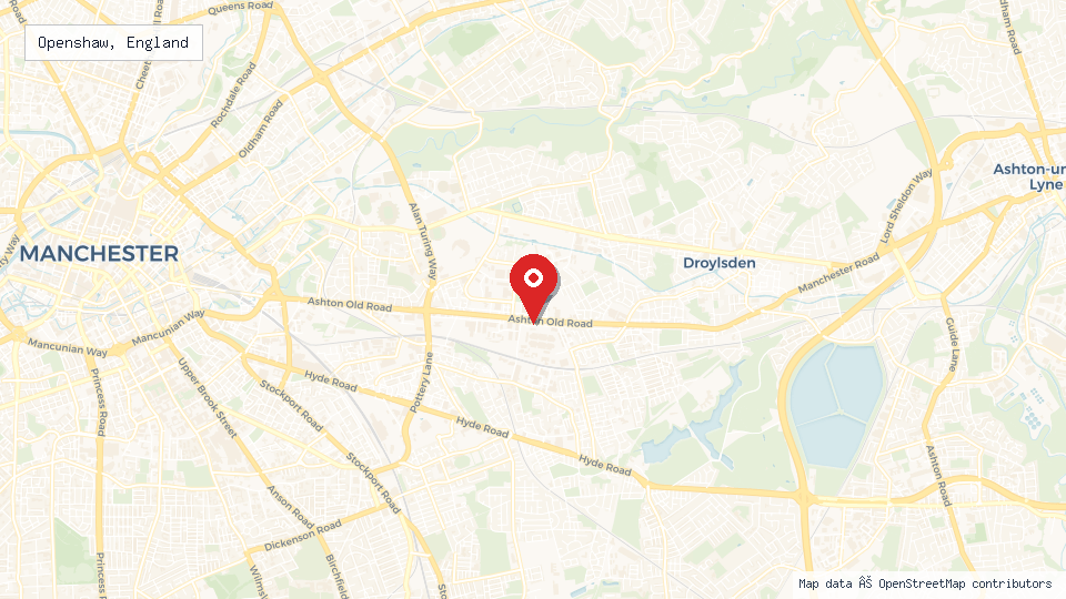 Street map of Openshaw, England with location pin