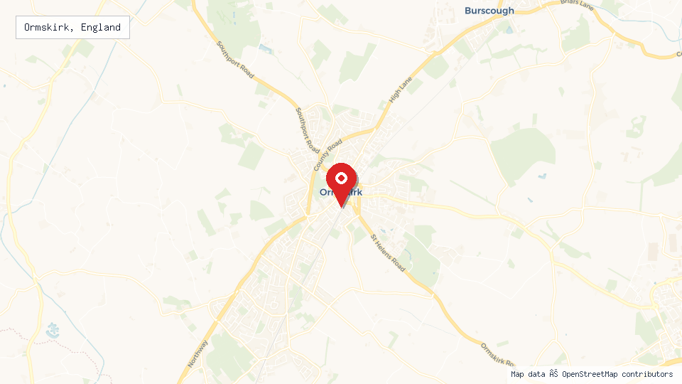 Street map of Ormskirk, England with location pin