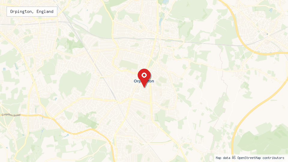 Street map of Orpington, England with location pin