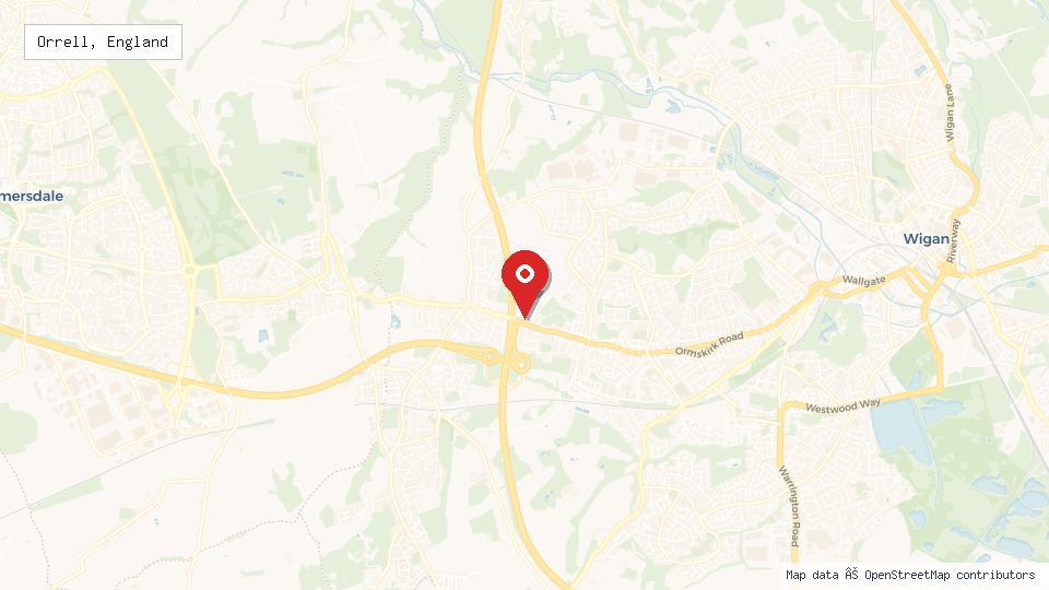 Street map of Orrell, England with location pin