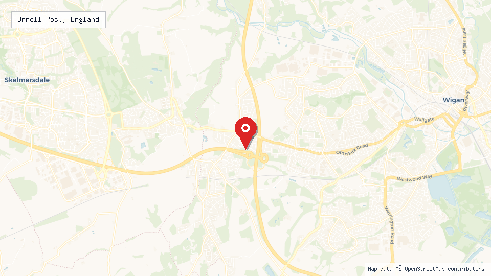 Street map of Orrell Post, England with location pin