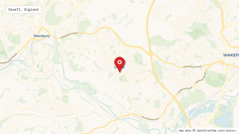 Street map of Ossett, England with location pin
