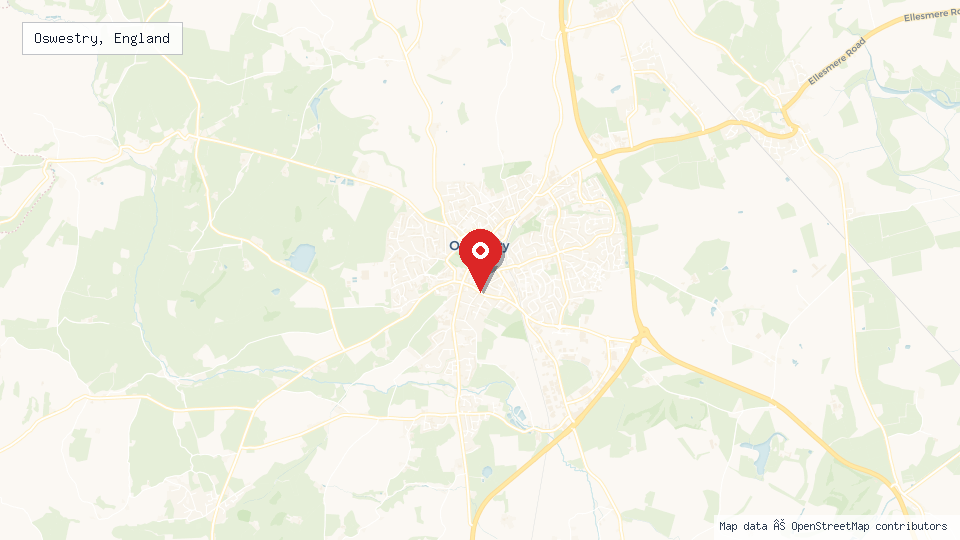 Street map of Oswestry, England with location pin