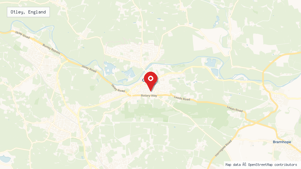 Street map of Otley, England with location pin