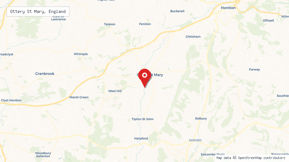 Street map of Ottery St Mary, England with location pin