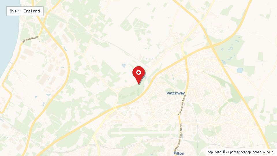 Street map of Over, England with location pin