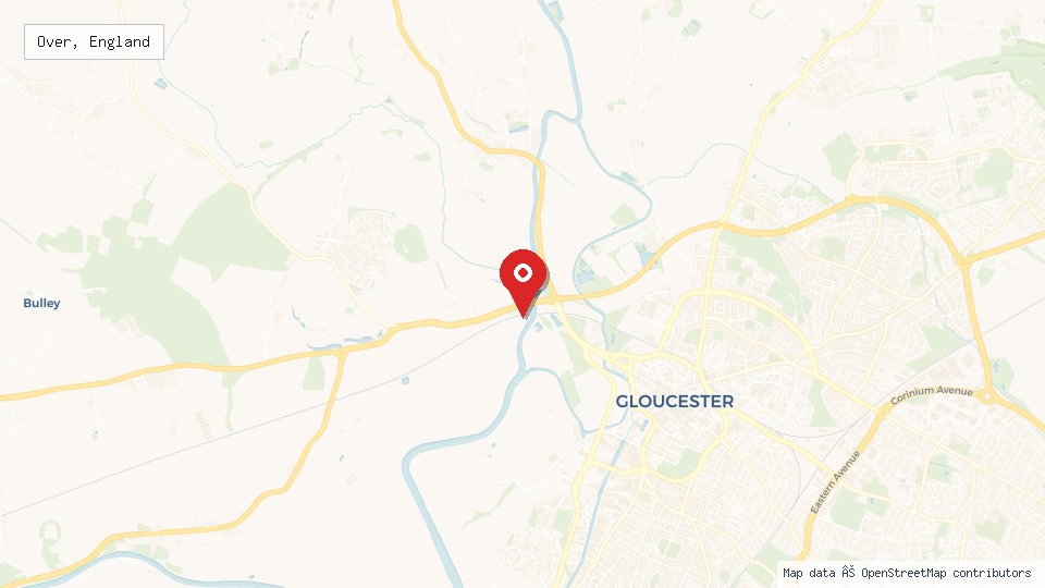 Street map of Over, England with location pin