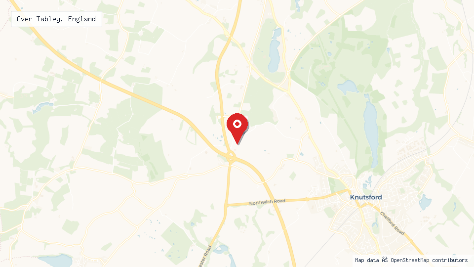 Street map of Over Tabley, England with location pin