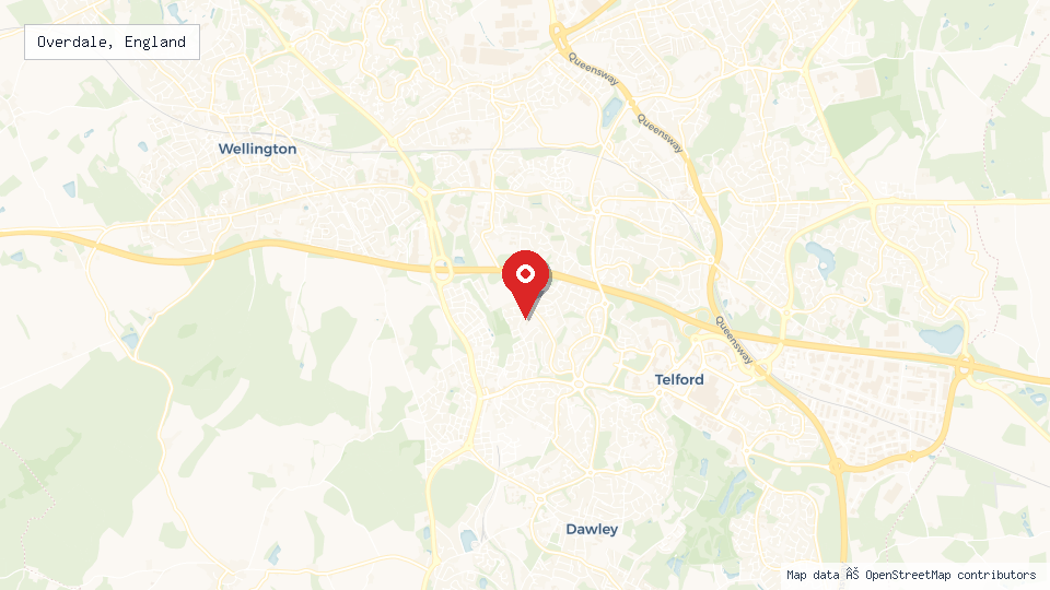 Street map of Overdale, England with location pin