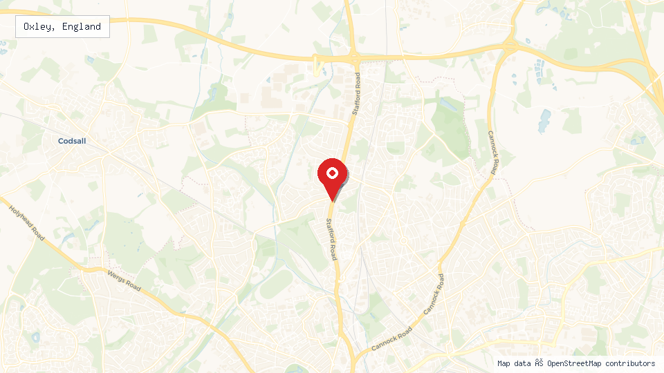 Street map of Oxley, England with location pin