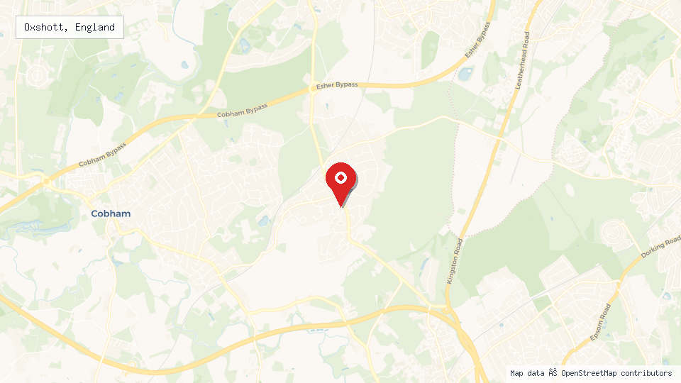 Street map of Oxshott, England with location pin