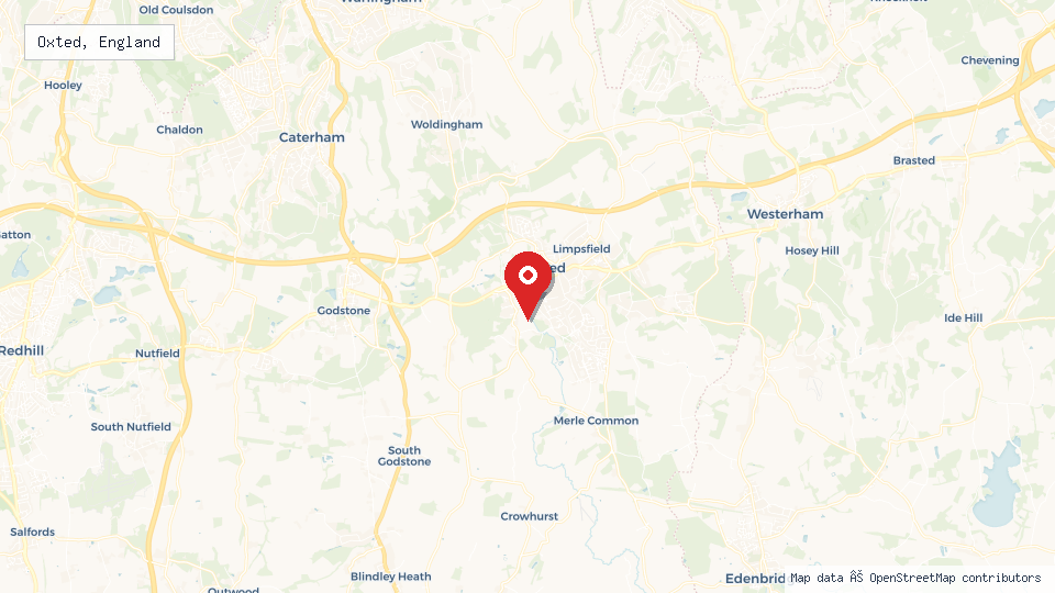 Street map of Oxted, England with location pin