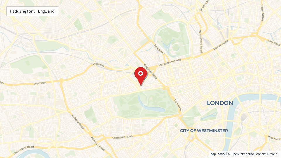 Street map of Paddington, England with location pin