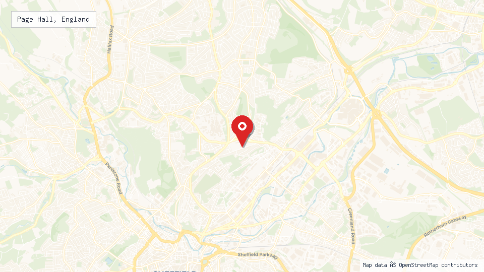 Street map of Page Hall, England with location pin