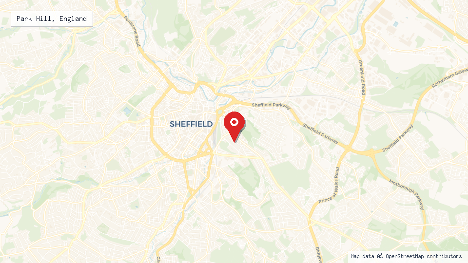 Street map of Park Hill, England with location pin