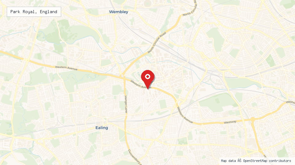 Street map of Park Royal, England with location pin