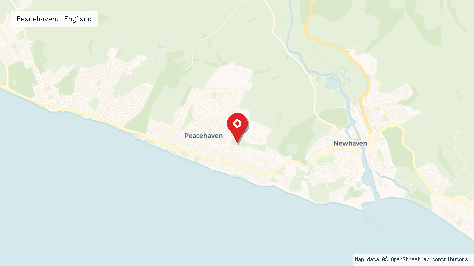 Street map of Peacehaven, England with location pin