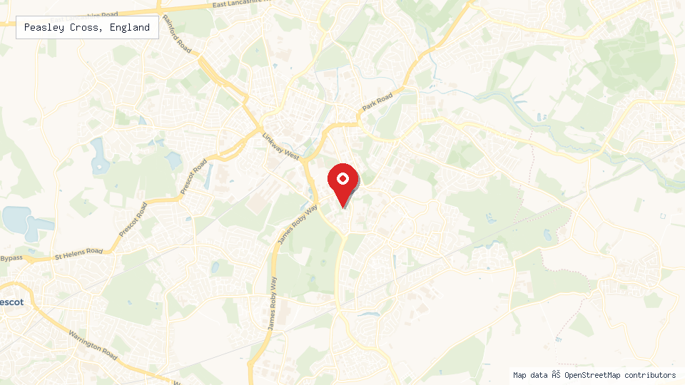 Street map of Peasley Cross, England with location pin