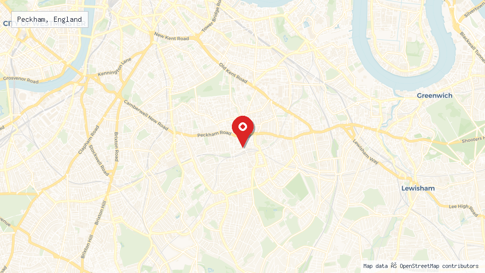 Street map of Peckham, England with location pin