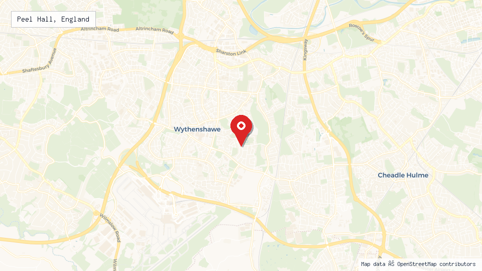 Street map of Peel Hall, England with location pin