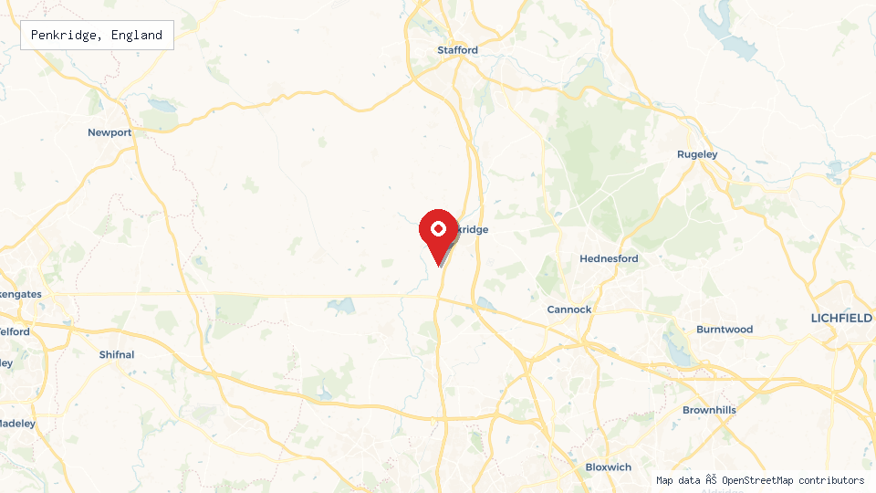 Street map of Penkridge, England with location pin