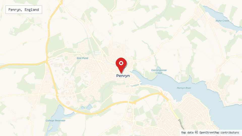 Street map of Penryn, England with location pin