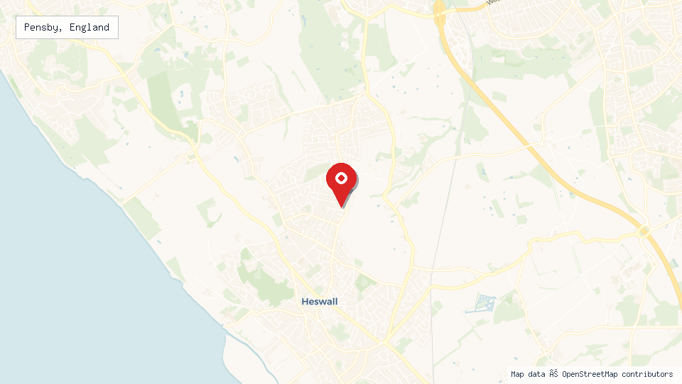 Street map of Pensby, England with location pin