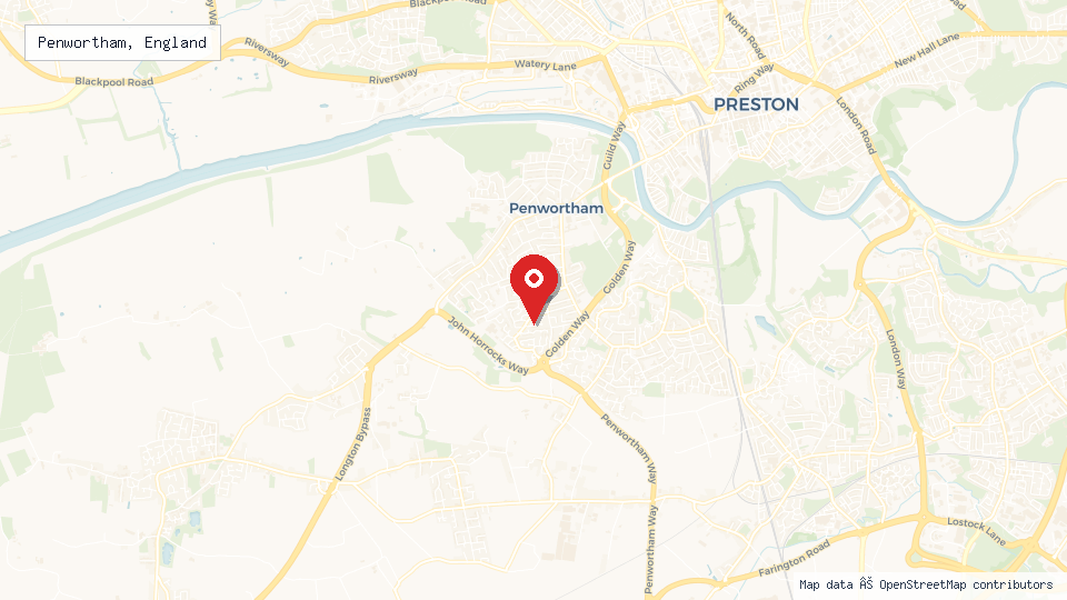 Street map of Penwortham, England with location pin