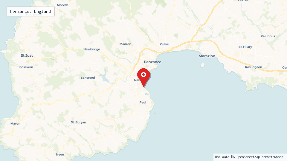 Street map of Penzance, England with location pin