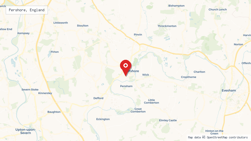 Street map of Pershore, England with location pin