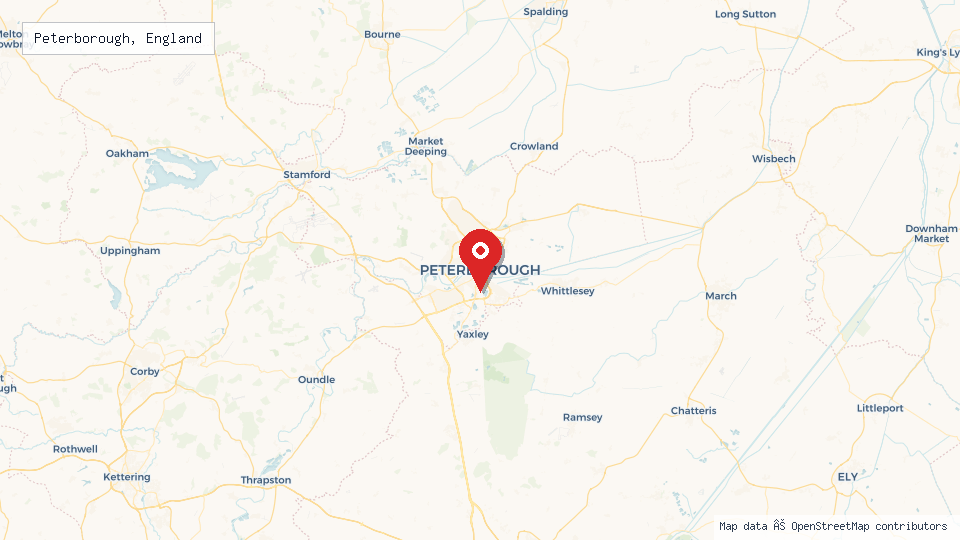 Street map of Peterborough, England with location pin