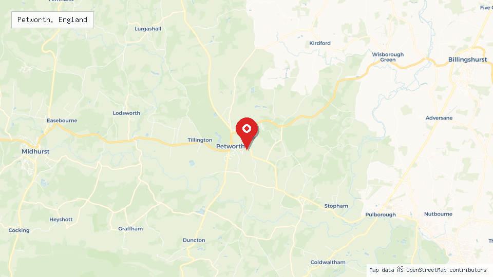 Street map of Petworth, England with location pin