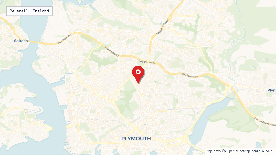 Street map of Peverell, England with location pin
