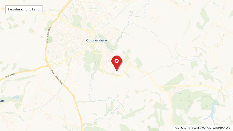 Street map of Pewsham, England with location pin