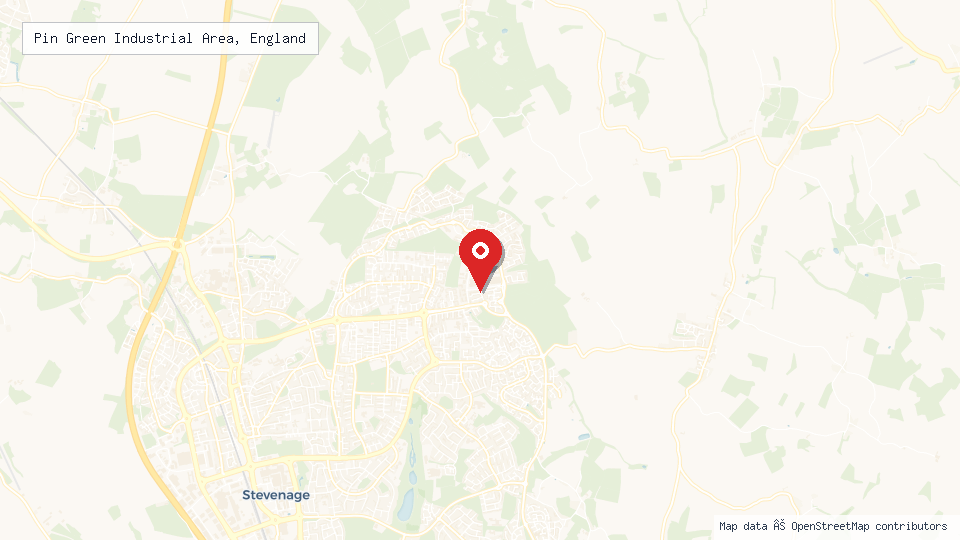 Street map of Pin Green Industrial Area, England with location pin