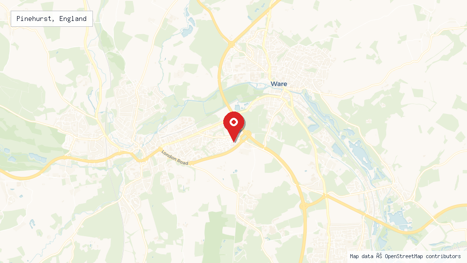 Street map of Pinehurst, England with location pin