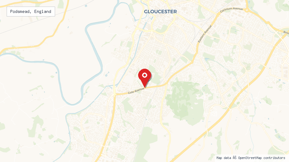 Street map of Podsmead, England with location pin