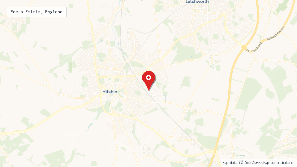 Street map of Poets Estate, England with location pin
