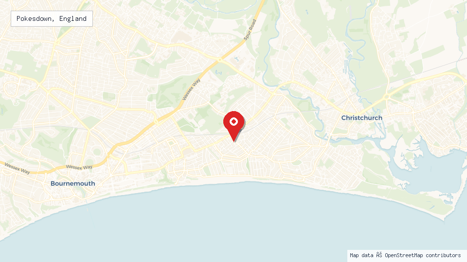 Street map of Pokesdown, England with location pin