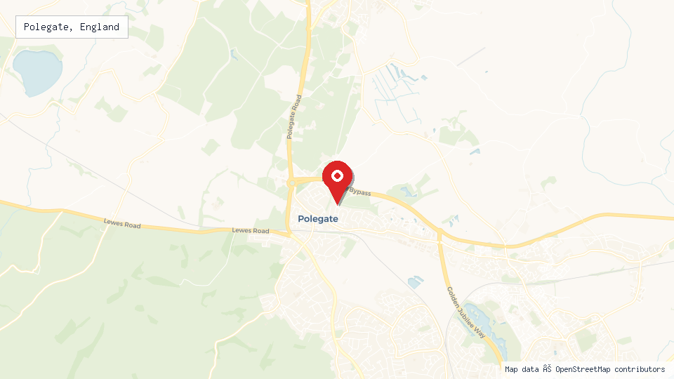 Street map of Polegate, England with location pin