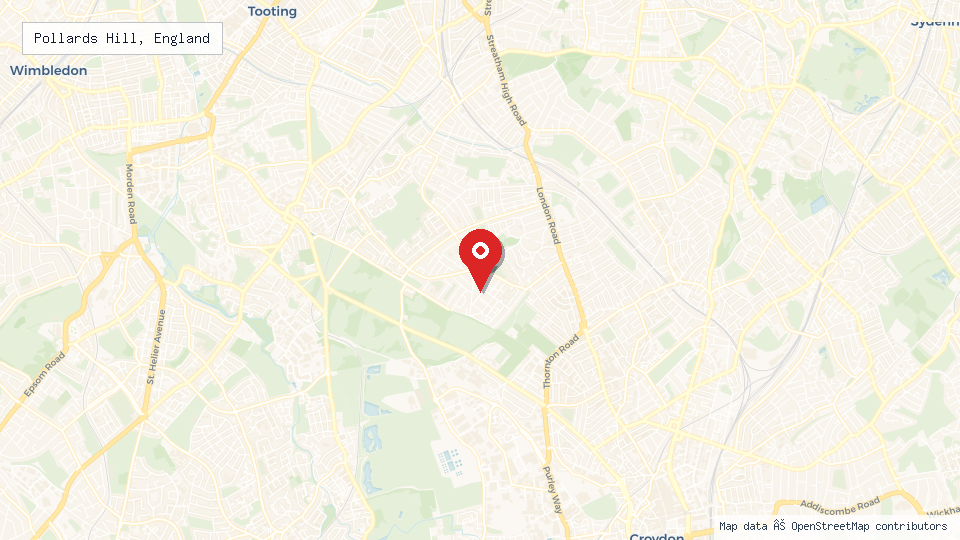 Street map of Pollards Hill, England with location pin