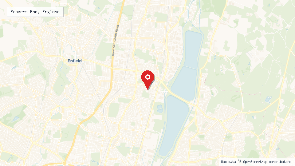 Street map of Ponders End, England with location pin