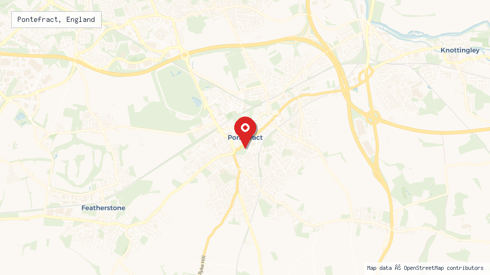 Street map of Pontefract, England with location pin