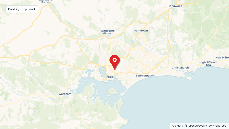 Street map of Poole, England with location pin