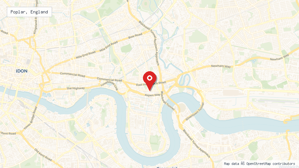 Street map of Poplar, England with location pin