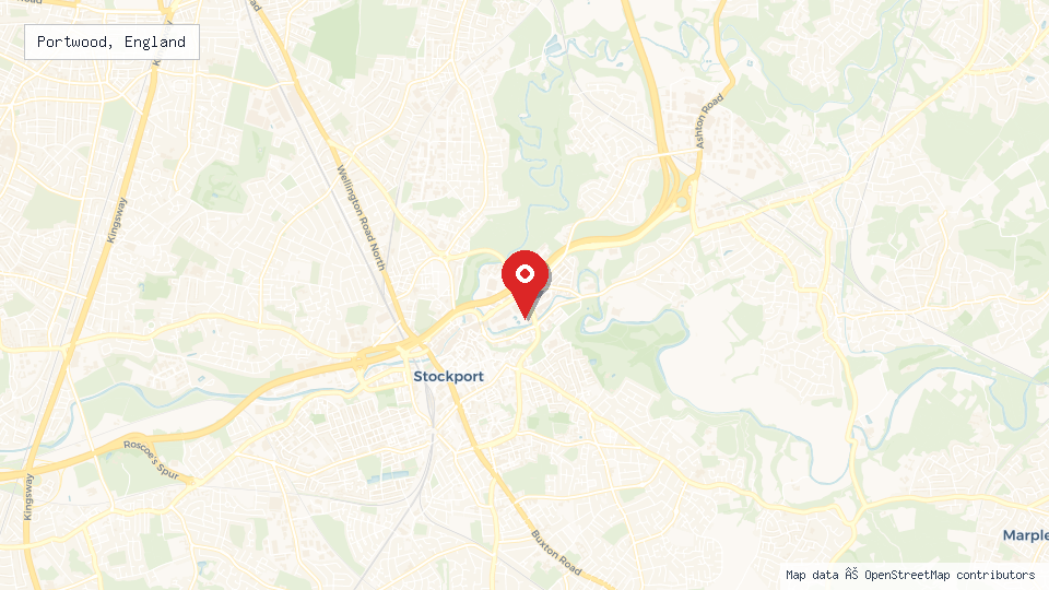 Street map of Portwood, England with location pin