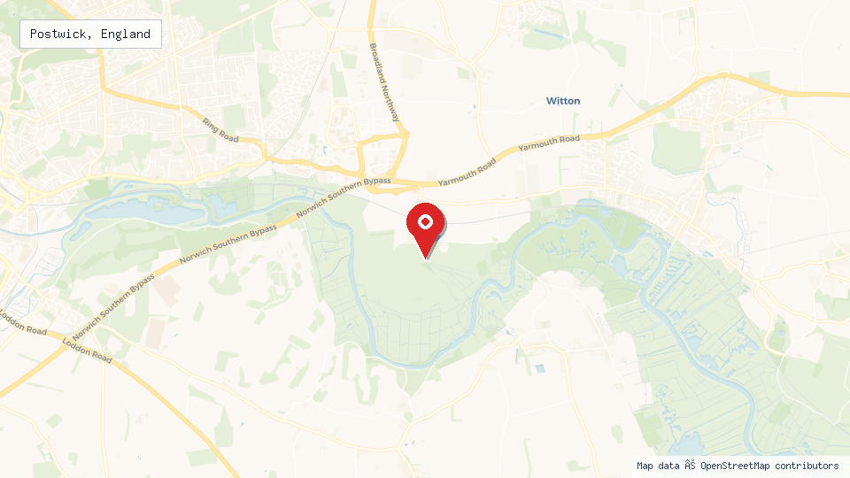 Street map of Postwick, England with location pin