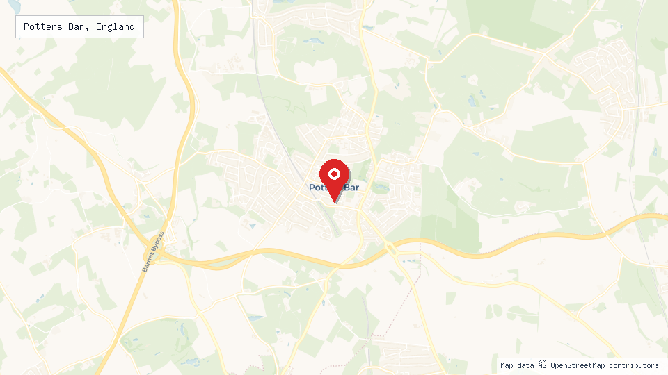 Street map of Potters Bar, England with location pin